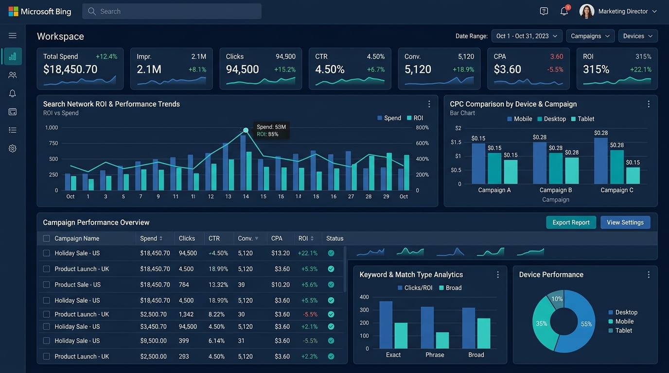 Dashboard Microsoft Bing Ads Soporte Web